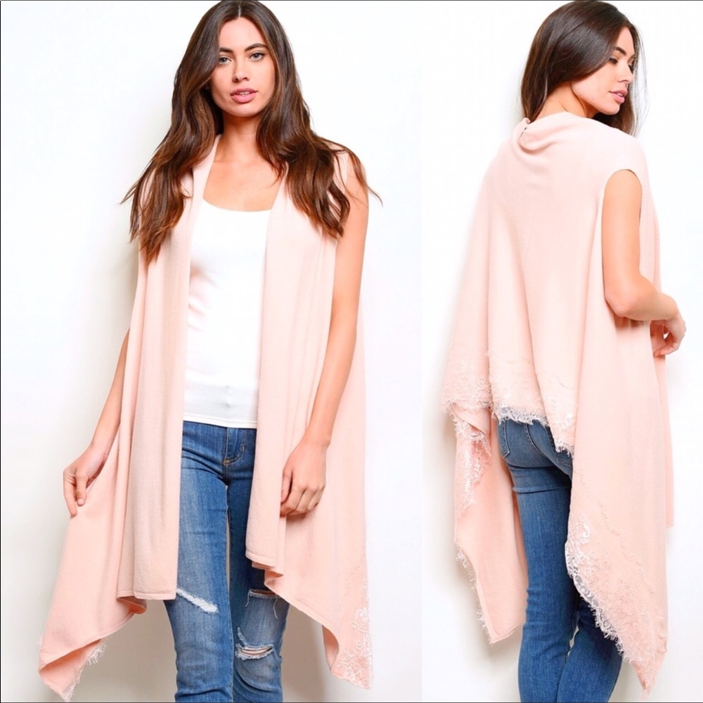 Pink shawl sleeveless poncho wrap with lace edging
